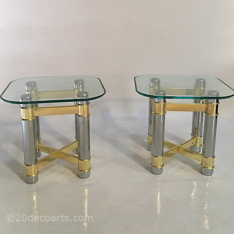  20th Century Decorative Arts |A side table, the glass top supported on a brass and chrome plated metal base, circa last quarter of the 20th century, very much in the Hollywood Regency style. 