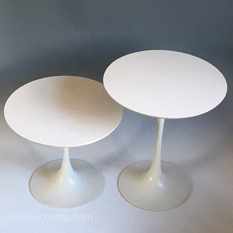 Maurice Burke for Arkana c1960’s - A set of 2 Pedestal Side Tables, white enamelled spun aluminium pedestal bases