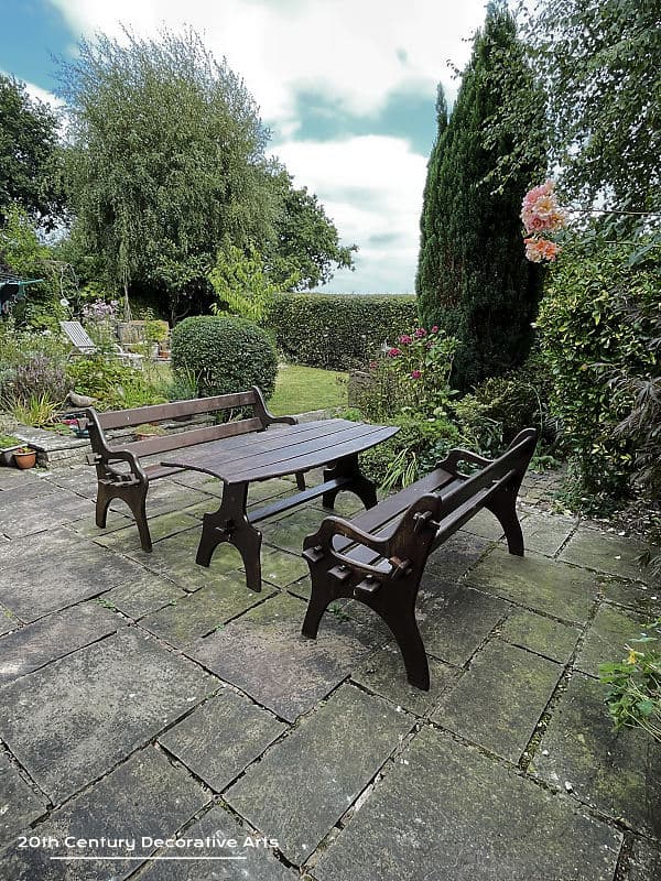  Wonderful rare mid century modern design outdoor / garden furniture set comprising of a pair of benches and a table manufactured by R V Branson, Devizes c1970 