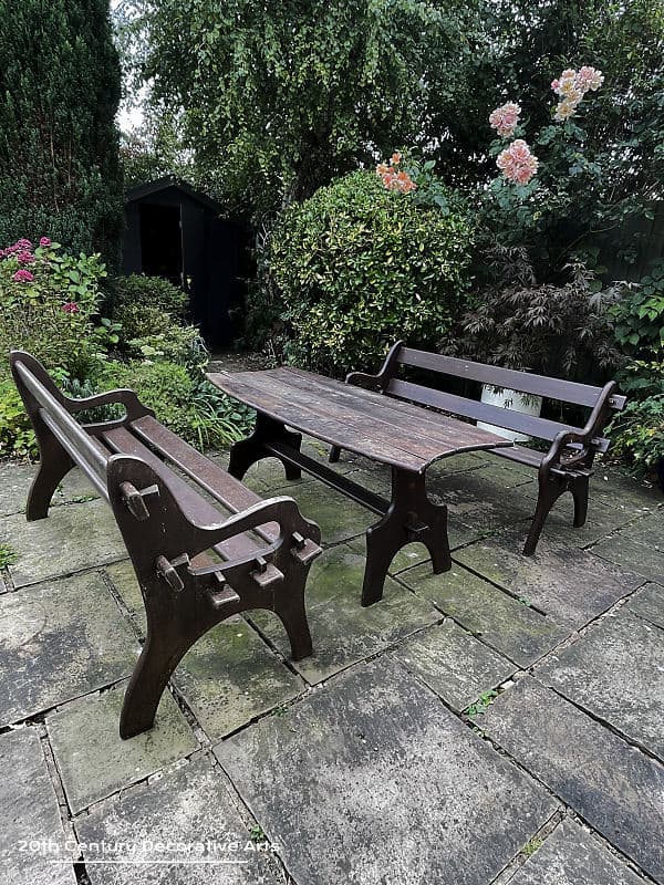  Wonderful rare mid century modern design outdoor / garden furniture set comprising of a pair of benches and a table manufactured by R V Branson, Devizes c1970  