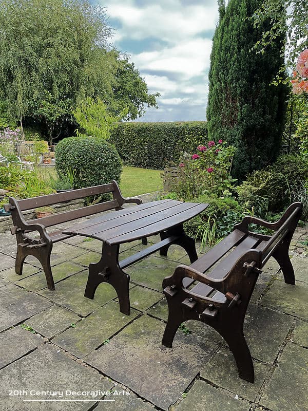    Wonderful rare mid century modern design outdoor / garden furniture set comprising of a pair of benches and a table manufactured by R V Branson, Devizes c1970   