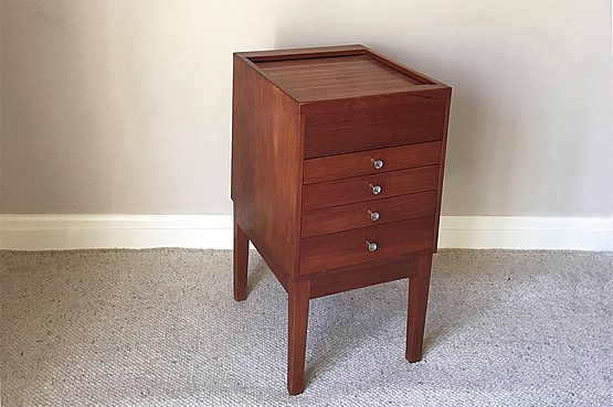 ☑️ mid century teak tambour drawer sewing chest 