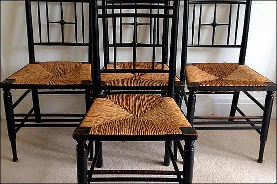 ☑️ 20th Century Decorative Arts |A set of 4 Liberty & Co ebonised and rush seated Argyll Chairs c1880.
A classic design attributed to Ford Maddox Brown; both Liberty (Argyll chair) and Morris & Co (Sussex chair)