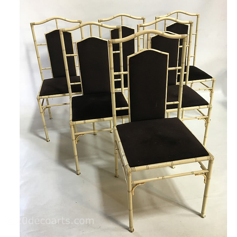  20th Century Decorative Arts |A set of 6 Hollywood Regency Faux Bamboo dining chairs, in cream and brass plated metal and dark chocolate brown velour upholstered seat and back panel c1970.