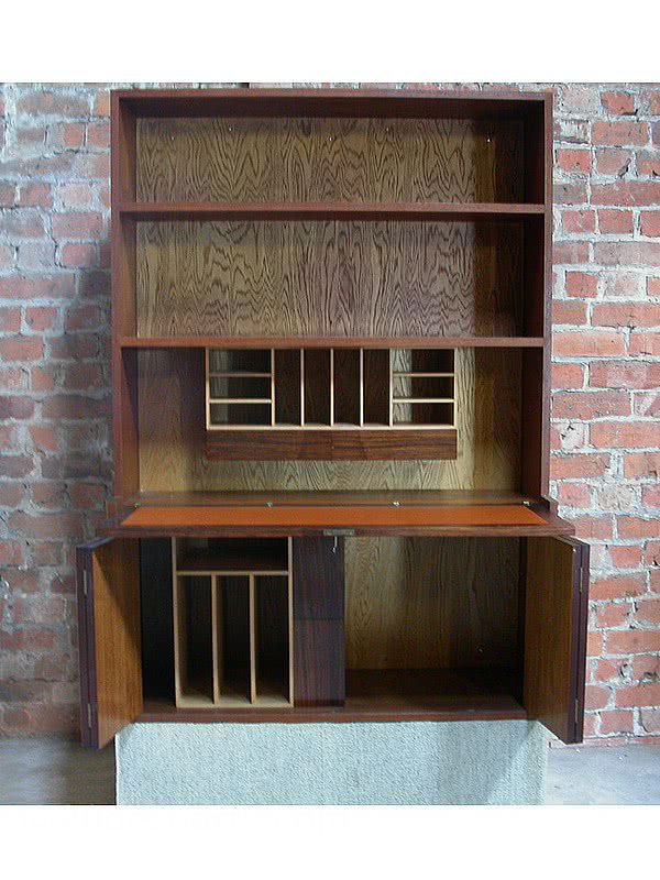  20th Century Decorative Arts |Robert Ingham Wall Unit / Bureau Made from solid teak, the doors fronted with rosewood, fitted interior in sycamore with rosewood fronted drawers circa 1969.