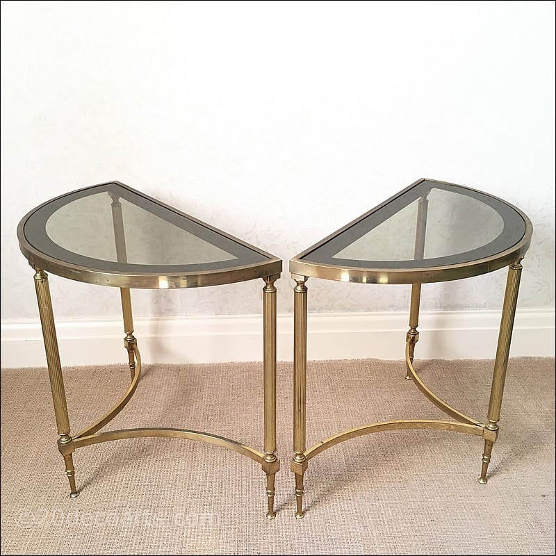 Maison Jansen c1960’s, Hollywood Regency pair of brass demi-lune side tables