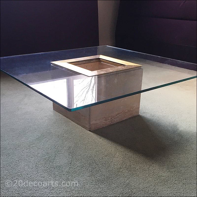 Travertine marble and glass coffee / cocktail table  1970s 