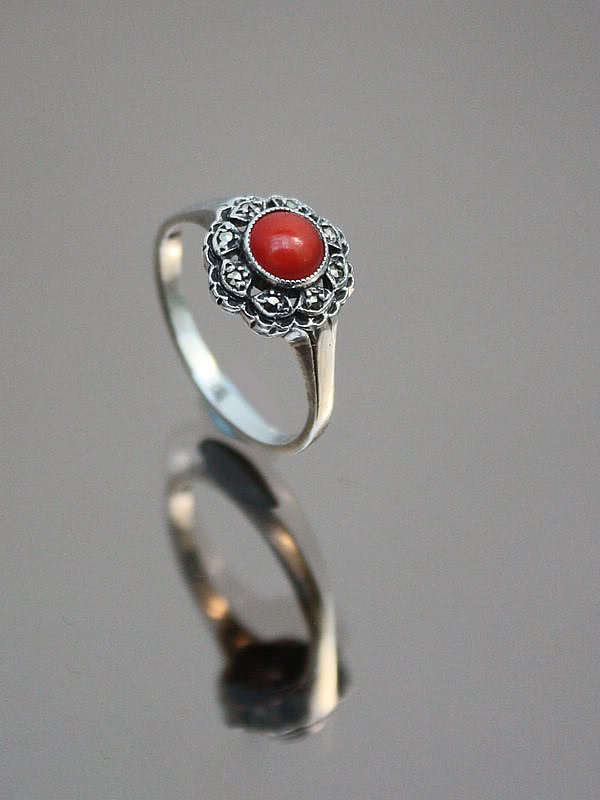  20th Century Decorative Arts |An Art Deco 935 silver, marcasite and coral ring  Germany circa 1930.