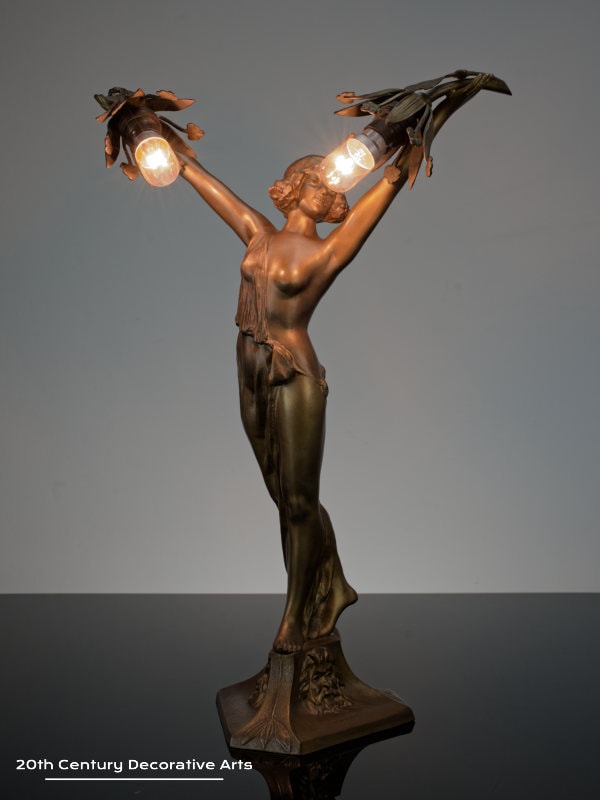  Karl Perl - An Art Deco Goldscheider figurine lamp, Vienna Austria, designed circa 1923. This uncommon figurine is inspired by the character of Prince Sou-Chong from the operetta 