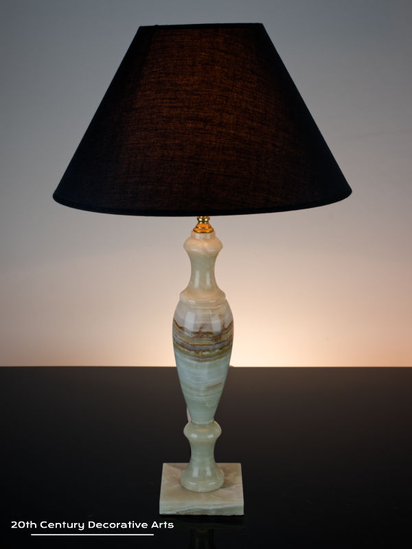 pair of mid century onyx table lamps, England, circa 1970s, the banded onyx columns with gilt-metal fittings