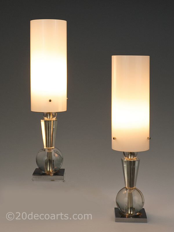 art deco modernist bronze crystal lamps pair