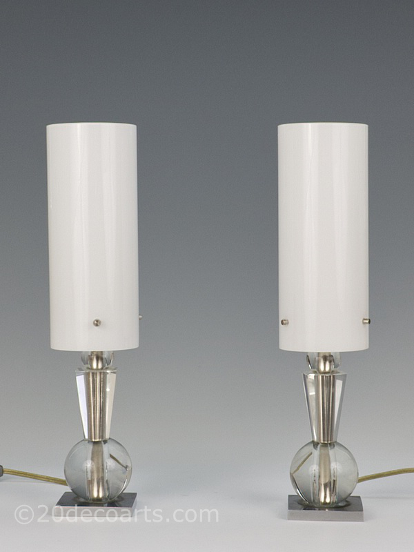 art deco modernist bronze crystal lamps pair