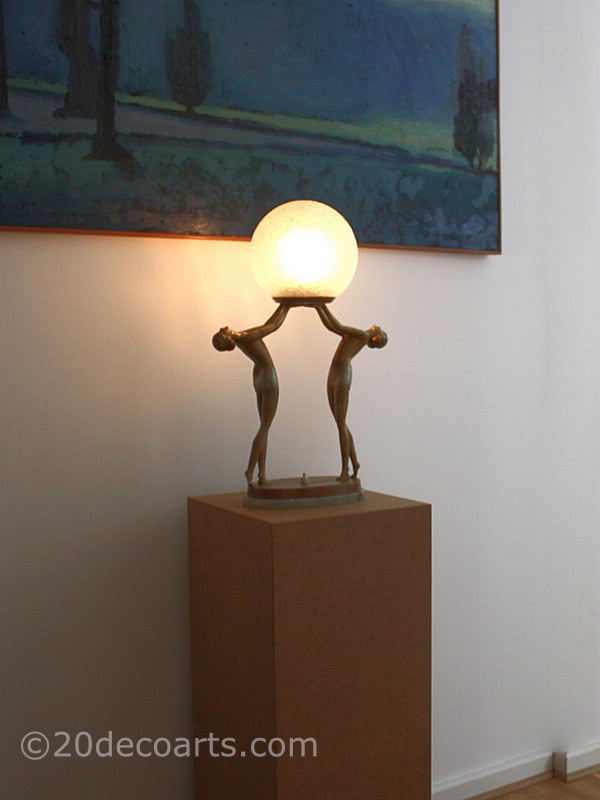 art deco Lorenzl spelter double figure lady lamp | 20th Century Decorative Arts