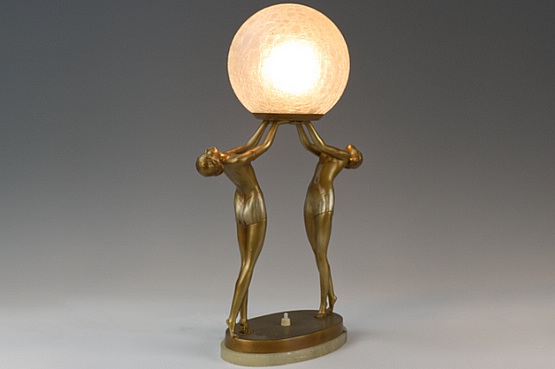 ☑️ Lorenzl art deco lamp double figure spelter lady lamp