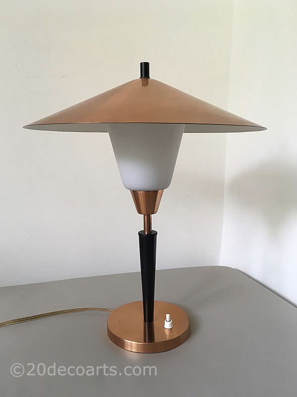  20th Century Decorative Arts |A copper, black painted wood and white glass table / desk lamp c1955 - 1965 possibly by Fog & Morup.