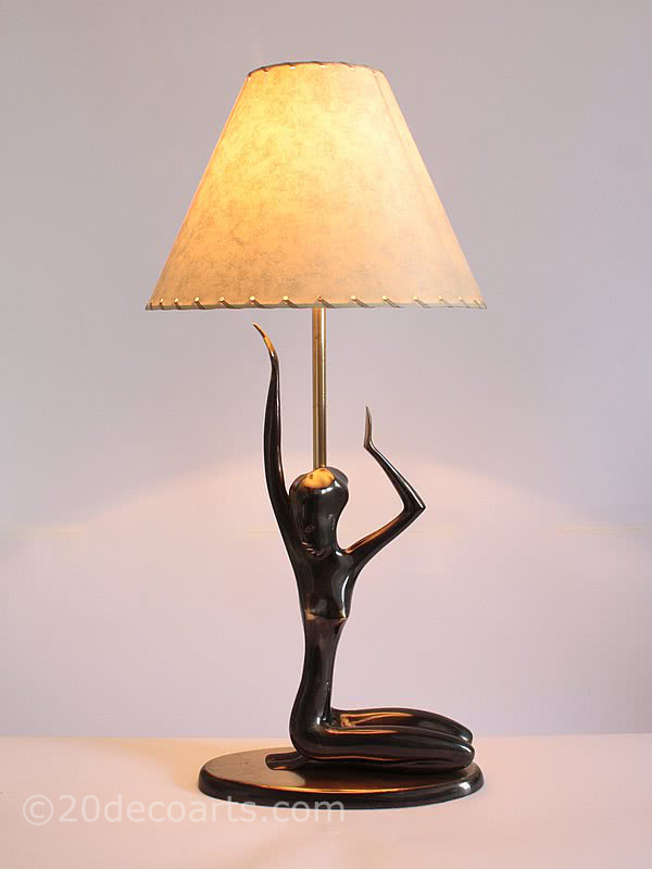  20th Century Decorative Arts |Karl Hagenauer - table lamp, patinated and polished brass Vienna 1945-55, supplied with a parchment shade