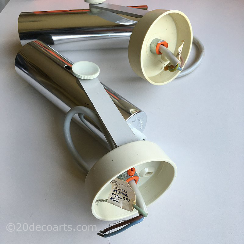 John & Sylvia Reid for Concord Lighting c1960’s, a pair of adjustable spotlights that can be used as wall lights or ceiling lights.  Designed for Rotaflex 
