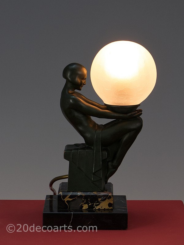  Max Le Verrier Delassement art deco figure lamp original spelter table lamp | 20th Century Decorative Arts