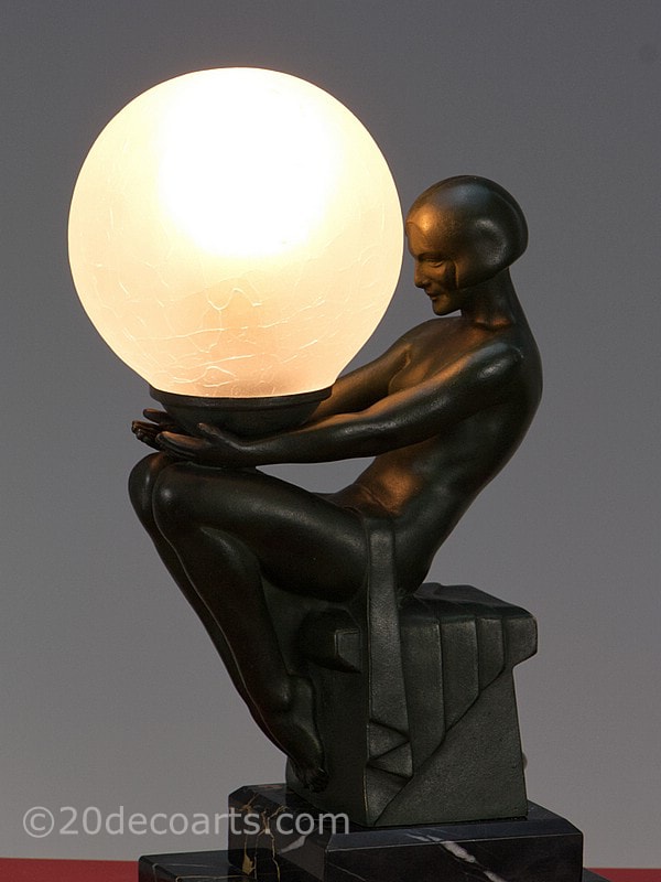Max Le Verrier Delassement art deco figure lamp original spelter table lamp | 20th Century Decorative Arts