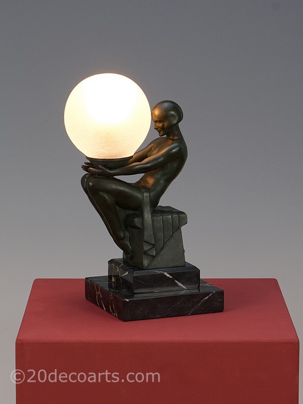 Max Le Verrier Delassement art deco figure lamp original spelter table lamp | 20th Century Decorative Arts