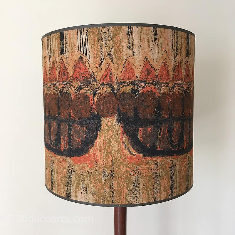 A Heals Mid Century Floor Lamp the solid teak standard lamp base supporting a cylindrical drum shade in Nicola Wood's “Armada” pattern fabric designed for Heals c1965