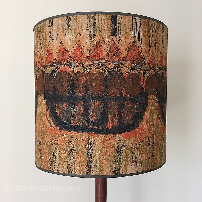 A Heals Mid Century Floor Lamp the solid teak standard lamp base supporting a cylindrical drum shade in Nicola Wood's “Armada” pattern fabric designed for Heals c1965 