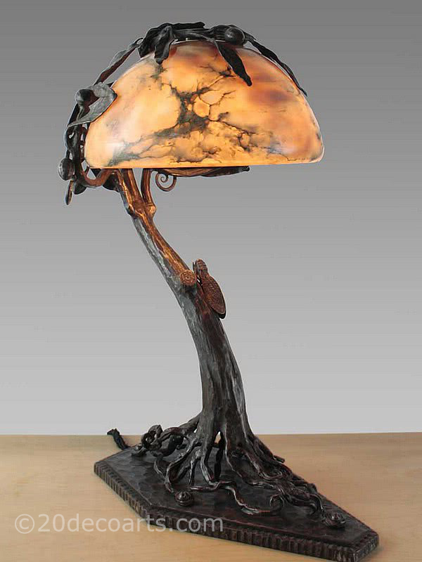  20th Century Decorative Arts | A stylish Art Deco patinated iron and alabaster table lamp signed Richard, France 1920s