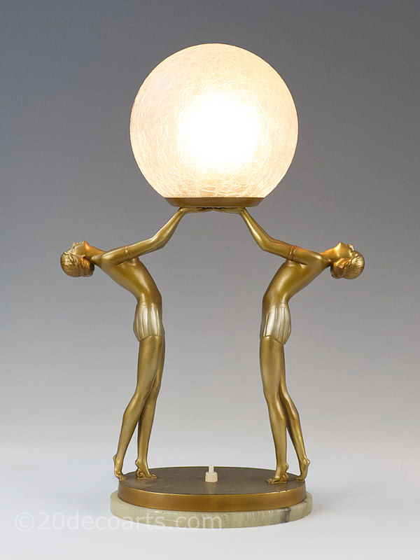  Lorenzl art deco spelter double figure lady lamp | 20th Century Decorative Arts