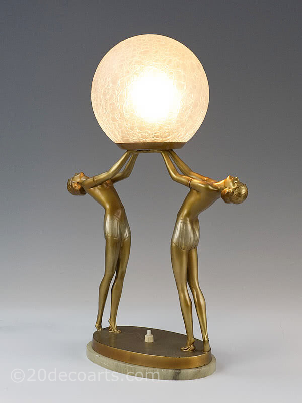  art deco spelter double figure lady Lorenzl lamp | 20th Century Decorative Arts