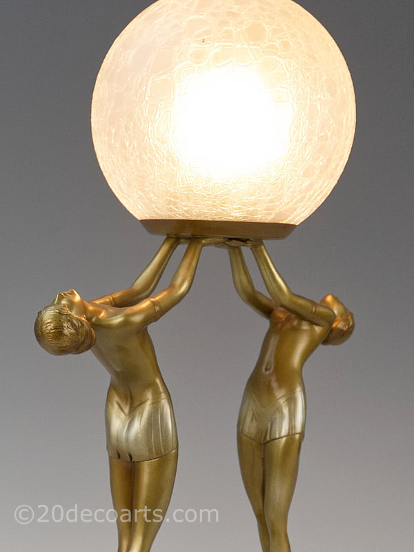  art deco spelter double figure lady Lorenzl lamp | 20th Century Decorative Arts