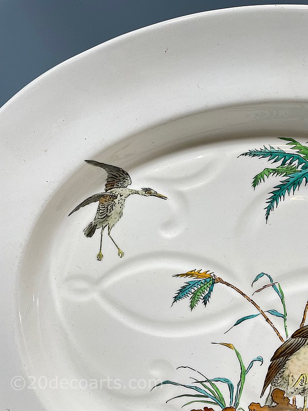 Copeland Meat Plate  Aesthetic Movement design of Palms, Egret and Hawk c1880