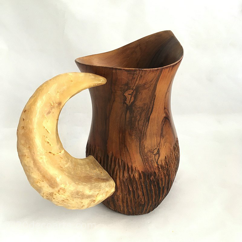 Olive wood jug with rams horn handle by A. Fernandez.
              Spain c1950s  