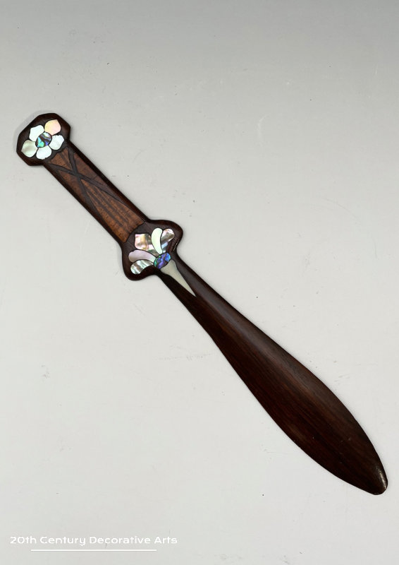   Art Nouveau Paper Knife c1900 The Rosewood dagger shaped body Inlaid with Mother of Pearl, Zebra Wood and Ivory  