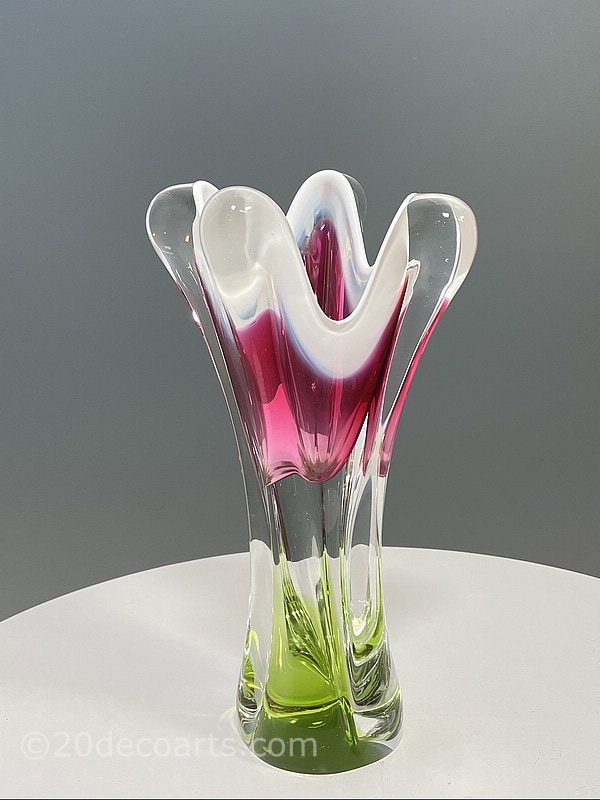  Josef Hospodka for Chribska Glassworks, Czechoslovakia c1960’s A sculptural vase, the opalescent white rim with pink and green 
