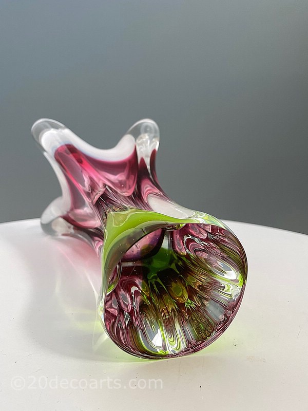 Josef Hospodka for Chribska Glassworks, Czechoslovakia c1960’s A sculptural vase, the opalescent white rim with pink and green 