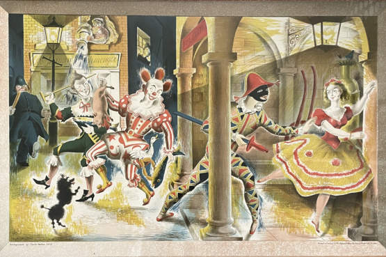 ☑️ Clarke Hutton (1898 – 1984) for School Prints “Harlequinade”, 1946, a lithograph on paper depicting a stage performance featuring characters of the commedia dell’arte 