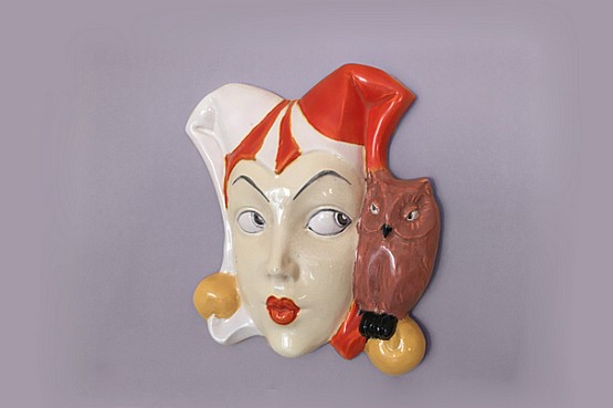 ☑️ Art Deco Wall Mask c1930 representing a woman wearing a Jester’s hat with an Owl