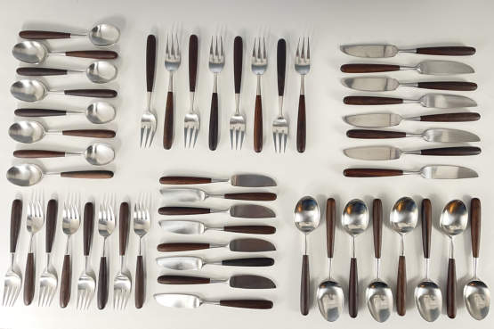 ☑️
Don Wallance (American, 1909-1990) for H.E. Lauffer, Norway, A 48 Piece “Palisander”Canteen of Cutlery c1969