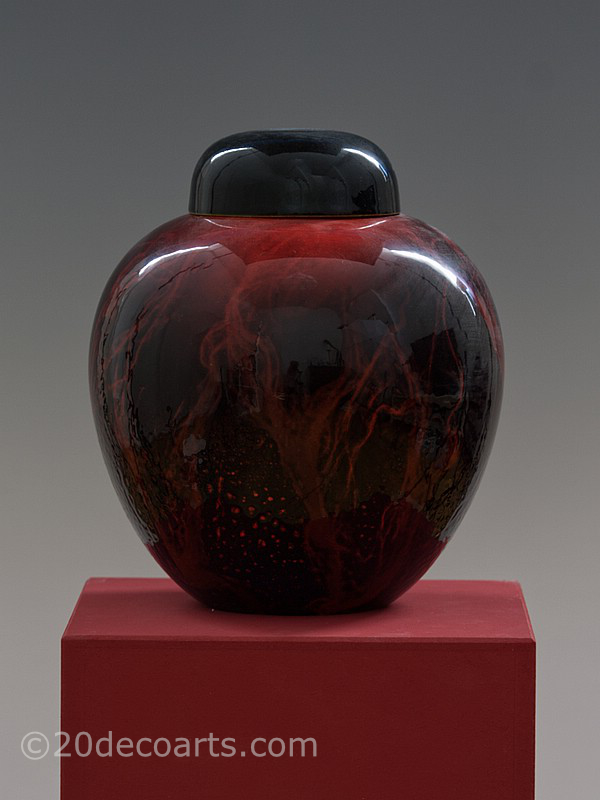  20th Century Decorative Arts |A Royal Doulton Flambe Sung ginger jar attributed to Fred Moore, circa 1935, the pottery body with a high fired flambe glaze featuring shades of red, blue and purple