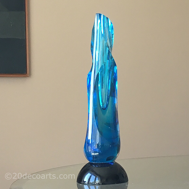 Eduard Soukup (b. 1974) - A sculpted cut vase, the tall stem in light blue cased glass carved to create an asymmetrical abstract form 
