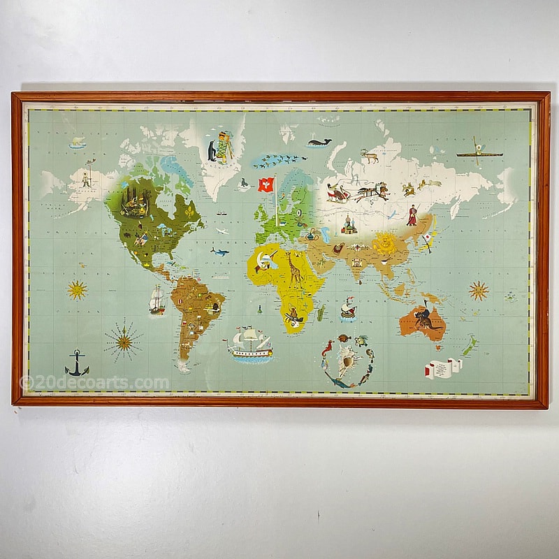 Herbert Leupin, A rare 1945 pictorial world map, published in 1945 by Kümmerly & Frey in Bern, in original contemporary thin wood frame. 