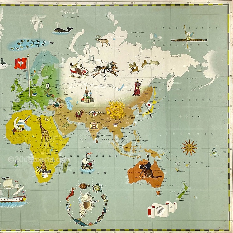 Herbert Leupin, A rare 1945 pictorial world map, published in 1945 by Kümmerly & Frey in Bern, in original contemporary thin wood frame. 