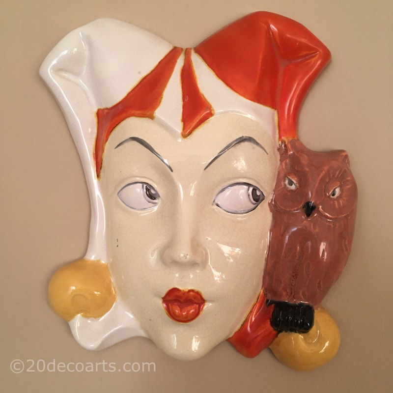  Royal Dux Art Deco Wall Mask c1930, representing a woman wearing a Jester’s hat with an Owl 