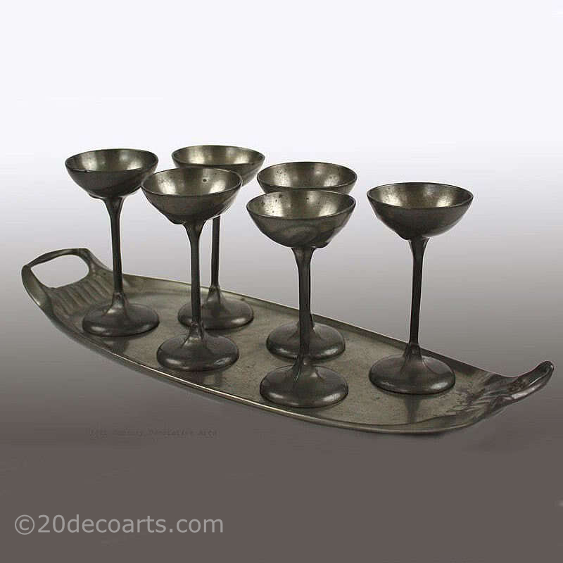  20th Century Decorative Arts |An Art Nouveau pewter liqueur set, Kayserzinn, Germany circa 1895 - 1910 consisting of six goblets and tray