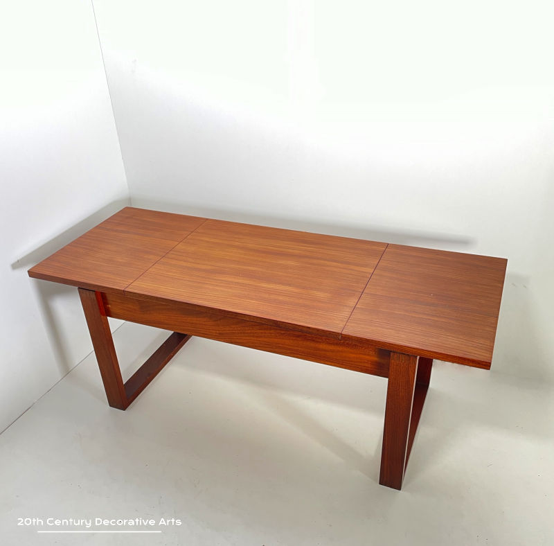  Oneida Community “Frostfire” Cutlery Canteen Table c1960’s - The teak veneer coffee table on sled base with lift up centre panel  