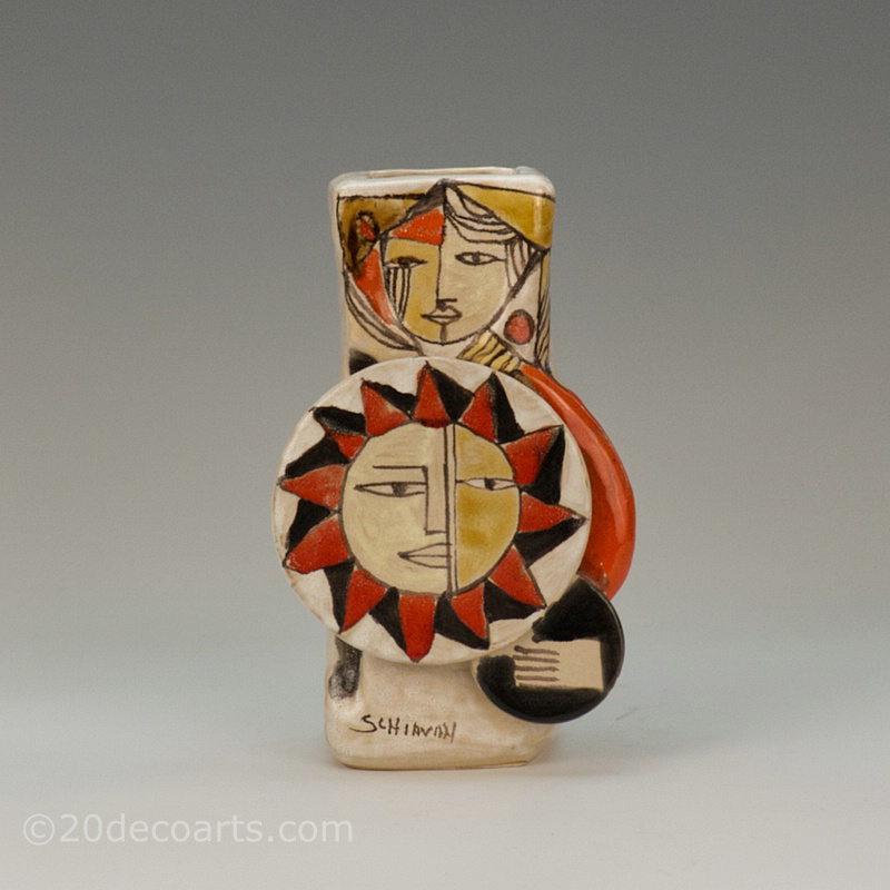  20th Century Decorative Arts |An Elio Schiavon hi-glaze figurative sculptural ceramic vase, Italy circa 1960. the body decorated in bright enamels and applied discs.
