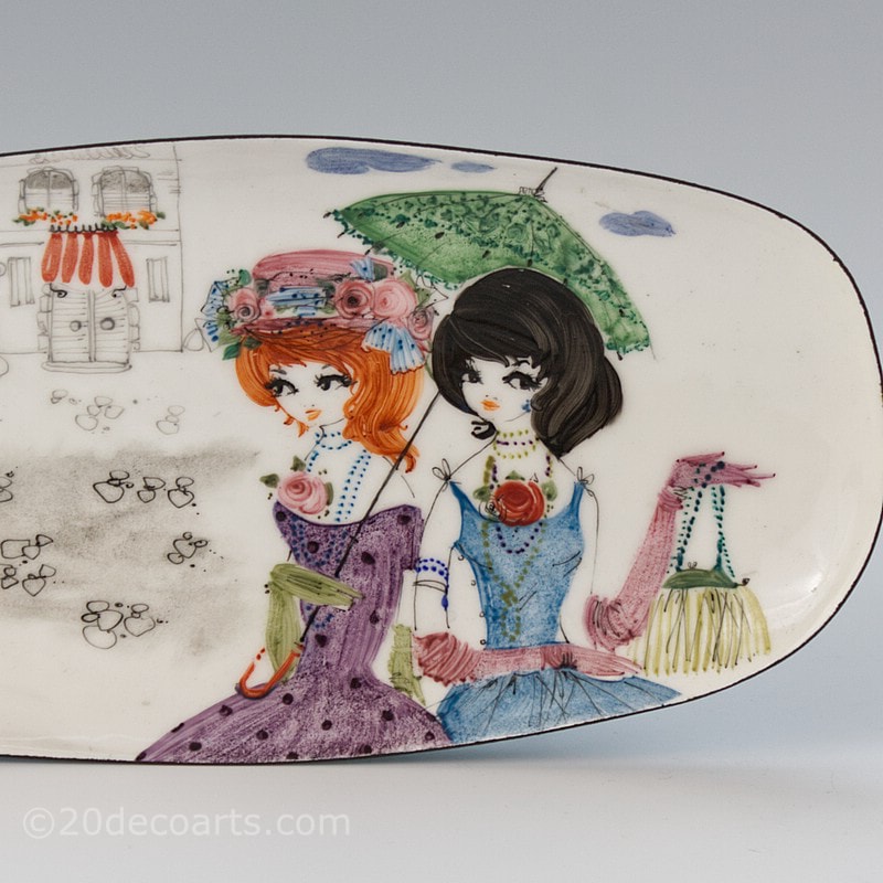 Steinböck Austria Enamel Dish, c 1960 - the copper enameled with a hand-painted street scene of fashionably attired young women