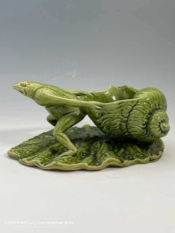   Watcombe Torquay Pottery Frog Spoon Warmer c1880 In the form of a frog on a lily pad / leaf pulling a shell glazed in green.  