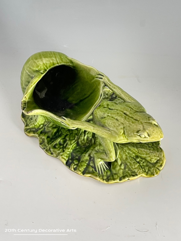  Watcombe Torquay Pottery Spoon Warmer c1880 In the form of a frog on a lily pad / leaf pulling a shell glazed in green.  