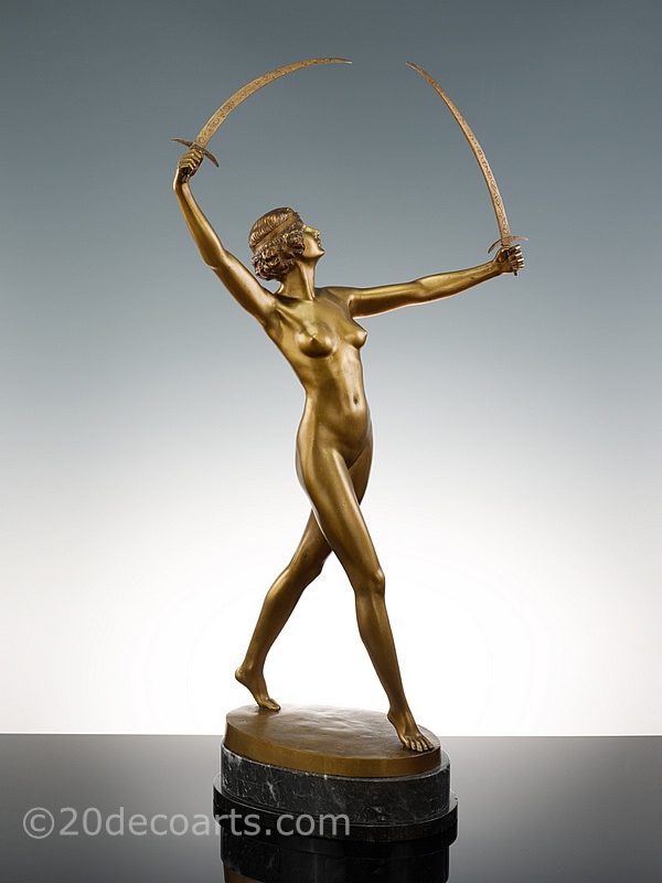  Art Deco bronze sculpture for sale circa 1925, the dancer holding two swords